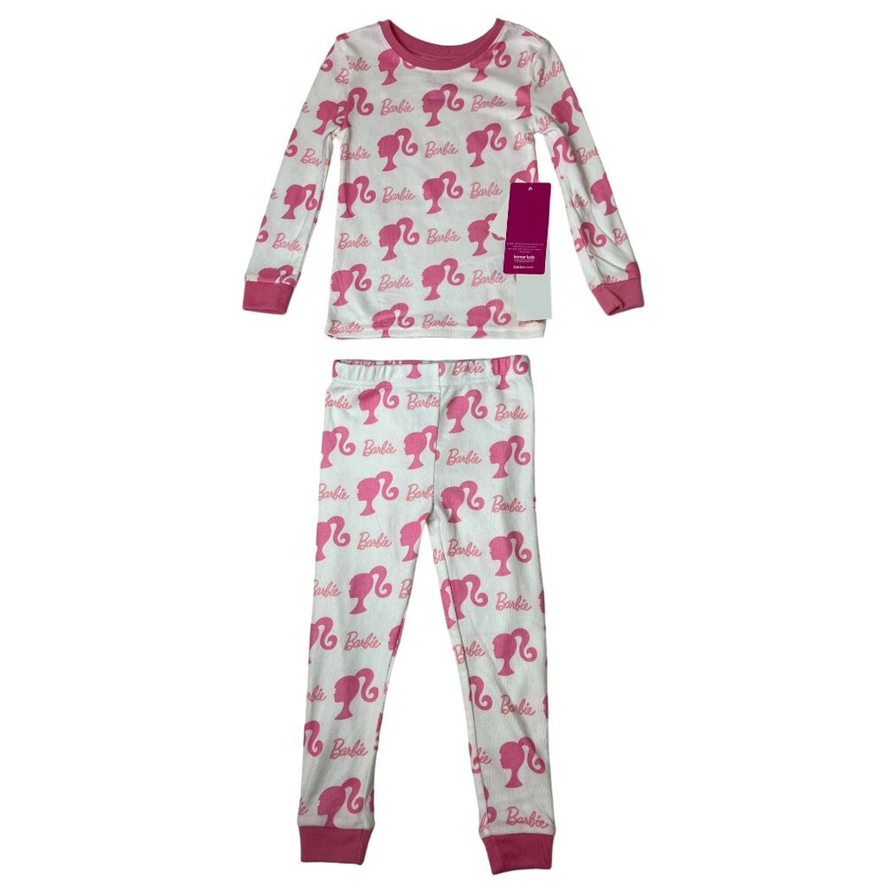 Barbie Girls Long Sleeve Pajama Set With Pink Logo & Silhouette White Sz 2T- NEW